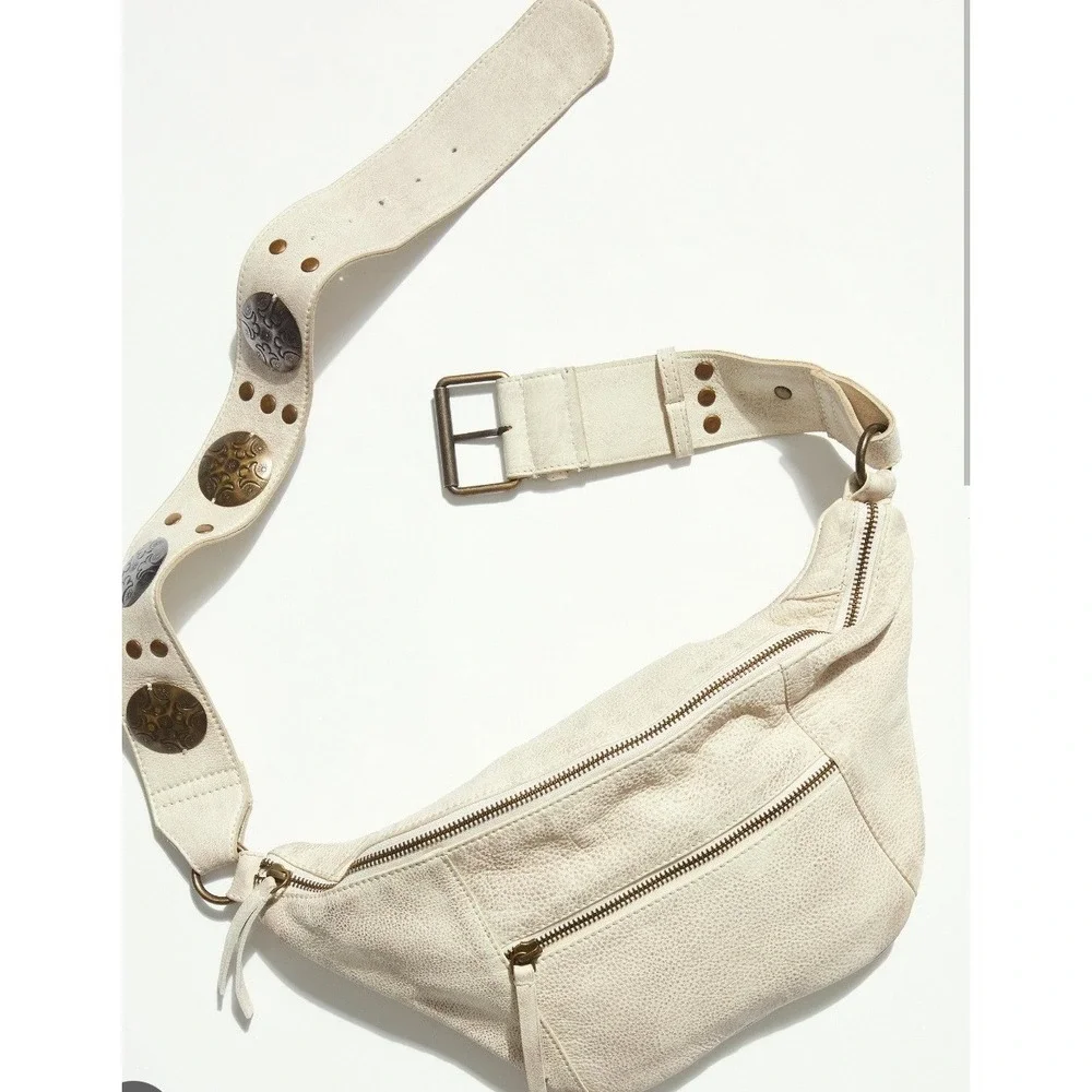 Free People Cream Leather Studded Belt Bag Fanny Pack Crossbody - Picture 2 of 14